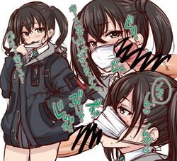 bangs blush brown_eyes brown_hair fellatio fellatio_under_mask fukiko_(oreteki18kin) hand_in_pocket idolmaster idolmaster_cinderella_girls jacket long_hair long_sleeves looking_at_viewer mole mole_under_eye open_mouth oral penis penis_on_face sunazuka_akira surgical_mask twintails