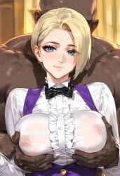 ai_generated big_breasts blonde_hair blue_eyes bowtie breasts busty chocopizza classy clothed curvy curvy_female elegant grabbing_breasts hands_on_breasts huge_breasts king_(snk) king_of_fighters light-skinned_female light_skin nipples_visible_through_clothing no_bra pale-skinned_female pale_skin short_hair thick voluptuous voluptuous_female white_shirt