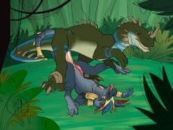 anal animated dinosaur feral feral_penetrating forest gay gif jungle leg_grab lizardman_(warhammer_fantasy) male/male nature on_ground raptor reptile shtoltz_(artist) size_difference skink_(warhammer_fantasy) warhammer_(franchise) warhammer_fantasy