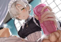 1boy 1girls :o admiral_(azur_lane) anthro aoi_tiduru artificial_vagina azur_lane balls ballsack black_dress black_hair black_hair_male black_pubic_hair blush braid breasts chain cock collar commander_(azur_lane) commentary_request day dick dress erection female genitals hair_over_one_eye handjob handjob_w/sex_toy headdress heavy_breathing holding holding_object indoor indoors light-skinned_female light-skinned_male light_skin long_sleeves looking_at_penis looking_at_viewer maid maid_cap maid_headdress maid_uniform male male_pubic_hair masturbation medium_breasts military military_uniform penis pointy_chin pubic_hair royal_navy_(azur_lane) sack sex_toy sex_toys sheffield_(azur_lane) short_hair silver_hair straight testicles uniform white_hair white_hair_female window windows yellow_eye yellow_eyes yellow_eyes_female