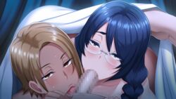 2girls :>= bed bed_sheet blonde_hair blue_hair blush butcha-u censored collaborative_fellatio dark_skin fellatio game_cg glasses highres jinguuji_kirika licking long_hair looking_at_viewer lying meikoku_gakuen_taidou_hen mosaic_censoring multiple_girls nude oral original penis pov purple_eyes short_hair tadokoro_aoi teamwork under_covers yellow_eyes