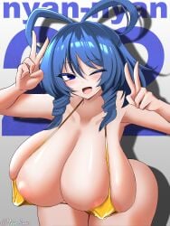 1girls alternate_breast_size areola_slip bent_over bikini blush female golden_bikini huge_breasts nipple_bulge nuekane one_eye_closed open_mouth peace_sign seiga_kaku solo swimsuit touhou