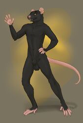 animal_genitalia anthro balls black_fur buckteeth ear_piercing fully_sheathed fur hand_on_hip male male_only mammal nude piercing pig_(artist) pink_nose rat rodent sheath smile solo standing teeth waving whiskers yellow_eyes