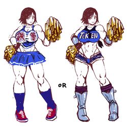 1girls abs big_breasts black_hair boots breasts cheerleader cheerleader_uniform female hand_on_hip kazama_asuka looking_at_viewer muscular_female muscular_thighs pom_poms raburebo school_uniform short_hair skirt smirk sneakers socks tagme tekken tomboy variations