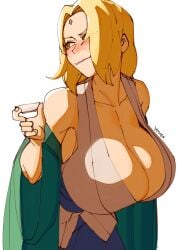 3amsoda alcohol artist_name bare_shoulders blonde_hair blush breasts brown_eyes choko_(cup) cleavage cowboy_shot cup facial_mark female forehead_mark green_haori hanging_breasts haori highres huge_breasts japanese_clothes kimono naruto naruto_(series) naruto_shippuden obi sake sash sleeveless sleeveless_kimono solo tsunade white_background