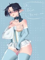 blue_eyes blush covering_breasts dark_blue_hair drooling earrings elf_ears hairy_pussy lizbeth_(sweety_piou) perky_breasts perky_nipples red_lipstick revealing_clothes short_hair sweety_piou tagme tears text_bubble thick_thighs tights toys turban