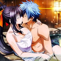 ai_generated akeno_himejima anime babe blue_hair boy cleavage cleavage_window crossover crossover_pairing demoness fairy_tail fanart female girl hands_on_neck handsome high_school high_school_dxd high_school_student human japanese jellal_fernandes jellal_kiss_akeno kissing lantern large_breasts mage making_out male manga night novelai nude_male onsen partially_clothed_female partially_nude partially_submerged ponytail romantic_ambiance sitting towel towel_over_breasts voluptuous voluptuous_female wood