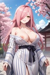 ahoge ai_generated areola areola_slip hair_over_one_eye hispanic_virtual_youtuber huge_breasts juninholara21 large_breasts long_hair looking_at_viewer neneefthy nipple_slip nipples open_clothes outdoors pink_hair sakura_tree smile smiling_at_viewer temple thick_thighs very_long_hair virtual_youtuber vtuber yellow_eyes yukata