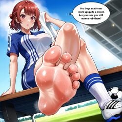 aegontheyounger ai_generated blue_lock english_commentary english_dialogue english_text foot_fetish footwear soccer soccer_ball soccer_field soccer_jersey soccer_shoes soccer_uniform speech_bubble sweaty_feet tagme teieri_anri