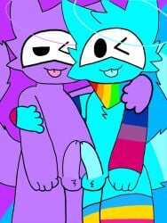 arms_wrapped_around_partner balls_touching bisexual_male cub cyan_fur dicks_touching furry gay kaiju_paradise oc pansexual_male purple_fur slime_pup_(kaiju_paradise) tongue_out young