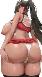 1girls absurdres ass bandaid bandaid_on_arm bare_shoulders bay_(nikke) black_hair black_thighhighs blush breasts brown_hair brown_skin cheerleader cheerleader_uniform clothes_lift dark-skinned_female dark_skin dat_ass female from_behind goddess_of_victory:_nikke grey_eyes high_ponytail highres hips huge_ass huge_breasts large_breasts long_hair looking_at_viewer looking_back mole mole_on_back multicolored_hair nipples nunu_(pixiv69145027) panties red_hair red_skirt red_tank_top revision skirt solo star_sticker sticker_on_face streaked_hair sweat tan tan-skinned_female tank_top tanned_skin thick_thighs thighhighs thighs underwear white_panties wide_hips