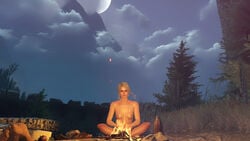 3d areolae bonfire breasts casual_nudity cd_projekt_red ciri female female_only green_eyes looking_down nipples nude outdoors outside scar sitting solo the_witcher_(series) the_witcher_3:_wild_hunt wallpaper white_hair xpsfm