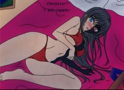 1girls bed bedroom black_hair bloody_miya blue_eyes blush breasts corruption genderbend genderswap genderswap_(mtf) heterochromia indoors long_hair mike_andres night red_eyes red_underwear rule_63 solo_female spanish_text tagme text thighs underwear