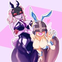 2girls angel angel_girl angewomon big_breasts bunny_ears bunny_tail bunnysuit demon demon_girl digimon digimon_adventure fake_animal_ears female female_only gerusyu huge_breasts ladydevimon large_breasts leaning_forward leotard looking_at_viewer smile twintails