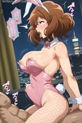 1boy animal_ears bare_shoulders blush bow bowtie breasts brown_eyes brown_hair clothed_female_nude_male covered_navel cowgirl_position cowgirl_position detached_collar fake_animal_ears fake_tail female fishnet_pantyhose fishnets from_side hibike!_euphonium highleg highleg_leotard indoors large_breasts leotard night nipples nude open_mouth oumae_kumiko pantyhose pink_bow pink_bowtie pink_leotard playboy_bunny rabbit_ears rabbit_tail sex short_hair solo_focus speech_bubble stomach_bulge straddling straight strapless strapless_leotard sweat tail tears tongue tongue_out window wrist_cuffs