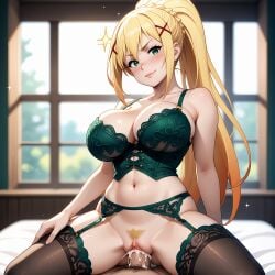 ai_generated bedroom blonde_hair corset cum_in_pussy darkness_(konosuba) garter_belt garter_straps green_eyes kono_subarashii_sekai_ni_shukufuku_wo! large_breasts lingerie looking_at_viewer payop pony_diffusion_xl ponytail pov smug stockings vaginal_sex