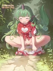 1_horn breasts censored cloneko_(zelmeledf2) closed_eyes clothes_pull cloud_print commentary_request commission curly_hair female full_body green_hair groin highres horns komano_aunn medium_breasts mosaic_censoring oerba_yun_fang open_mouth outdoors pants pants_pull pee_stain peeing peeing_on_ground red_shirt sandals shirt short_sleeves shorts signature skeb_commission skin_fang solo spread_legs squatting tearing_up touhou urine variant_set white_shorts