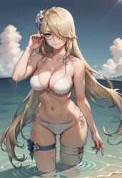 ai_generated beach bikini blonde_female blonde_hair bloodstained:_curse_of_the_moon_2 bloodstained:_ritual_of_the_night curvy_female curvy_figure dominique_baldwin_(bloodstained) glasses hair_over_one_eye large_breasts long_hair looking_at_viewer navel smiile thighs