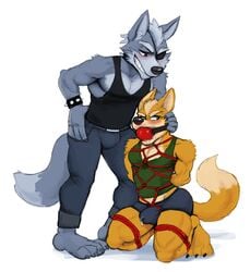 2boys anthro anthro_on_anthro ball_gag blush bondage bound bulge canid canine canis clothed clothing cum cum_through_clothing duo eye_patch eyewear fox fox_mccloud furry furry_only gag gagged gagged_male gay hi_res hicanyoumooforme male male_only mammal muscular muscular_male nintendo no_humans red_ball_gag rope simple_background star_fox video_games white_background wolf wolf_o'donnell yaoi