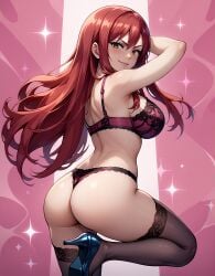 abstract_background ai_generated erza_scarlet fairy_tail high_heels lace large_breasts lingerie looking_at_viewer payop pony_diffusion_xl posing red_hair smile solo solo_female standing standing_on_one_leg stockings thong