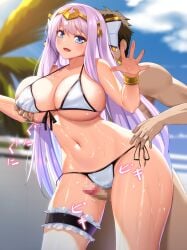 1boy bikini blue_eyes breasts bridal_garter diamond_(houseki_hime) female fumizuki_homura grabbing_another's_breast groping headband houseki_hime large_breasts long_hair looking_at_viewer navel open_mouth palm_tree penis purple_hair short_hair side-tie_bikini_bottom swimsuit tree very_long_hair wet