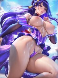 absurd_res ai_generated below_view breasts dress dress_lift exposed_breasts exposed_thighs genshin_impact hair_ornament heavenly_body large_breasts large_nipples lipstick looking_at_viewer looking_down_at_viewer ministro nipples nude partial_nudity princess purple_hair raiden_shogun sexy string_panties swimsuit thick_thighs thick_thighs_save_lives video_game_character video_game_franchise video_games voluptuous_female wet wet_body