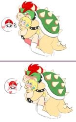 1boy 1girls 2koma blonde_hair blue_eyes blush bowser breasts comic cuckold doggy_style female finger_to_mouth full_body heart huge_cock interspecies kneeling male mario mario_(series) netorare nintendo nipples penis princess_peach sex side_view simple_background speech_bubble standing tongue_out vallycuts white_background