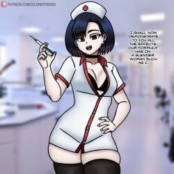 1female 1girls black_hair bra brown_eyes choker cleavage coloredyiddies english_text female female_only lei_(coloredyiddies) nurse nurse_uniform original purple_highlights solo_female syringe tagme text text_bubble thick_thighs thighhighs twitter_link