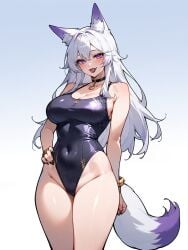 ai_generated, arm_on_hip, belly_button black_nails, black_swimsuit, cat_ears, choker eyes, golden_bracelets, purple swimsuit, tongue, tongue_out, trixie_vox, virtual_youtuber, vtuber, white_hair,