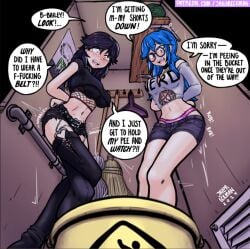 2girls big_breasts black_hair blue_hair blush breasts broom broomstick bucket glasses goth goth_girl have_to_pee jailor_eckman janitor_closet large_breasts legs_crossed long_hair navel open_mouth original panties pink_panties tears underwear