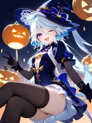 absurd_res ai_generated alternate_costume flying furina_(genshin_impact) genshin_impact halloween legs ministro night pumpkin witch_costume witch_hat