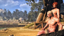 1boy 3d areolae barefoot beach breasts cd_projekt_red female geralt_of_rivia nipples penis red_hair scar shani sitting the_witcher the_witcher_(series) the_witcher_2 the_witcher_3:_wild_hunt white_hair xpsfm yellow_eyes