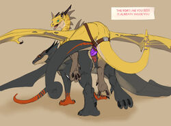 anal anal_sex anus black_scales dildo dragon english_text female flamespitter horn looking_back male male_penetrated pegging penetration scales scalie sex_toy straight strapon wings yellow_scales