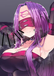 1girls absurdres armpits arms_behind_head arms_up black_gloves blindfold blush breasts censored cleavage collar elbow_gloves facial_mark fate/grand_order fate_(series) female forehead forehead_mark gloves hair_intakes highres kobo_(cobo_0609) large_breasts long_hair medusa_(fate) penis purple_hair smell solo sweat text translation_request veins veiny_penis