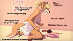 anthro big_breasts biped black_nose breasts canid canine canine canis clothed clothing cocker_spaniel dialogue diaper drooling english_text feces female fur hair inside jager-darklite jessie_(griffdog) mammal messy_diaper saliva scat scat sitting soiling soiling_diaper text topless