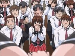 00s animated bible_black bible_black_gaiden exhibitionism female_ejaculation female_orgasm looking_at_pussy masturbation mochida_junko multiple_males orgasm public public_masturbation school school_uniform thighhighs