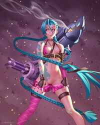 1girls blue_hair braid breasts breasts_out erotibot female female_focus female_only gun jinx_(league_of_legends) league_of_legends legs long_hair nipples presenting presenting_pussy pussy slender_legs small_breasts solo tattoo teasing thigh_strap thighhighs thighs uncensored weapon