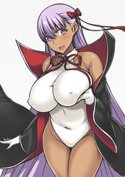 bangs bb_(fate) bb_(swimsuit_mooncancer) breast_lift breasts cape cloak covered_navel cowboy_shot curvy darabuchi dark-skinned_female dark_skin detached_collar eyelashes fate/grand_order fate_(series) female_only front_view glove hair_ornament hair_ribbon hairbow highleg highleg_swimsuit human large_breasts lavender_eyes lavender_hair long_hair looking_at_viewer nipple_bulge one-piece_swimsuit open_smile simple_background smile solo standing very_long_hair white_background