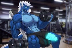 abs anthro balls big_balls big_penis bodily_fluids dragon exercise genitals glowing glowing_genitalia gym hi_res iudicium86 male male_only muscular pecs penis reptile scalie solo sweat uncut vein workout