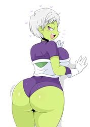 1girls alien_girl ass battle_armor bent_over big_ass breasts cheelai clothing dat_ass dragon_ball dragon_ball_super female female_only gloves green_skin grin hair heart huge_ass huge_breasts humanoid jinu large_ass naughty_face open_mouth seductive short_hair simple_background solo thick_thighs white_background white_hair