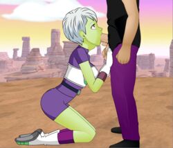 1boy 1girls :>= alien_girl armor balls belt big_penis boots breasts broly cheelai clothed deepthroat desert dragon_ball dragon_ball_super erection eye_contact eyelashes fellatio female gloves green_skin humanoid kneeling konashion male no_gag_reflex oral penis purple_eyes roro73290 short_hair slim small_breasts super_deepthroat_game teenager throat_barrier throat_bulge tongue tongue_out white_hair