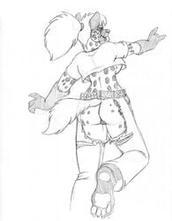 2019 anthro ass barefoot breasts cheek_tuft clothing elbow_tufts female fur gloves_(marking) hyaenid looking_at_viewer looking_back mammal markings midriff on_one_leg pants ponytail pussy rear_view shirt side_boob simple_background solo spots spotted_fur spotted_hyena standing tongue tongue_out torn_clothing tuft wolfkidd