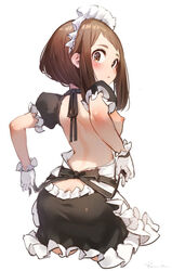 areolae ass_cleavage back blush breasts brown_eyes brown_hair butt_crack female female_focus female_only gloves hair_ornament hakura_kusa lace looking_at_viewer looking_back lowleg lowleg_skirt maid maid_headdress maid_uniform medium_breasts my_hero_academia nipples ochako_uraraka ryota_(ry_o_ta) short_hair simple_background skirt small_breasts solo solo_focus white_background