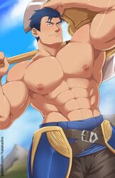 1boy 2018 bara fire_emblem fire_emblem:_the_blazing_blade gumroad halakadira hector_(fire_emblem) human male male_only muscles muscular muscular_male partially_clothed patreon shirtless solo sweat