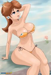 1girls arm_behind_head arm_support ass big_ass big_breasts big_butt bikini bimbo blue_eyes breasts brown_hair busty butt cleavage crown earrings female female_focus flower_bikini flower_earrings half-closed_eyes hand_behind_head ichduhernz lips lipstick looking_away mario_(series) nintendo orange_bikini outdoors outside pale_skin piranha_plant princess_daisy printed_bikini shoulder_length_hair sitting sky solo_focus strapless_bikini thick thick_thighs thighs wide_hips