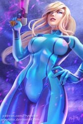 1girls abs blonde blonde_hair blue_eyes bodysuit breasts female female_only gun human long_hair looking_away metroid nintendo ponytail prywinko samus_aran sidelocks skin_tight solo text thick_thighs thigh_gap tight_clothing tight_fit url watermark weapon wide_hips zero_suit zero_suit_samus