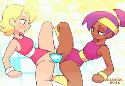 2018 2girls animated animated_gif chocolate_and_vanilla colo dark-skinned_female dildo double_dildo elodie enid eyeshadow female female_only hourglass_figure leotard leotard_aside multiple_girls ok_k.o.!_let's_be_heroes penetration pussy sex spread_legs teenager vaginal_penetration yuri