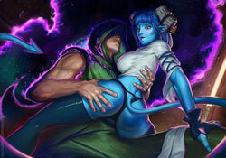 1boy 1girls ass big_breasts blue_hair blue_skin breasts cleric clothed clothes clothing cptpopcorn critical_role critical_role:_the_mighty_nein demon dungeons_and_dragons duo female from_below humanoid jester_lavorre looking_down male panties pointy_ears raised_tail the_traveler thetraveler tiefling