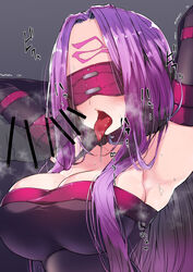 1girls absurdres armpits arms_behind_head arms_up black_gloves blindfold blush breasts censored cleavage collar elbow_gloves facial_mark fate/grand_order fate_(series) female forehead forehead_mark gloves hair_intakes highres kobo_(cobo_0609) large_breasts long_hair medusa_(fate) open_mouth penis purple_hair smell solo sweat text tongue tongue_out translation_request veins veiny_penis