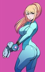 ass beauty_mark blonde_hair bodysuit breasts butt_focus eyebrows_visible_through_hair female green_eyes gun jam-orbital looking_back looking_to_the_side metroid mole_under_mouth nintendo samus_aran solo tight_clothing tight_fit weapon zero_suit zero_suit_samus